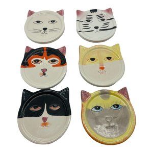 Ceramic Cat Face Coasters By BANDWAGON INC. 2001 Set of 6 Size- 4" VGT Kitty